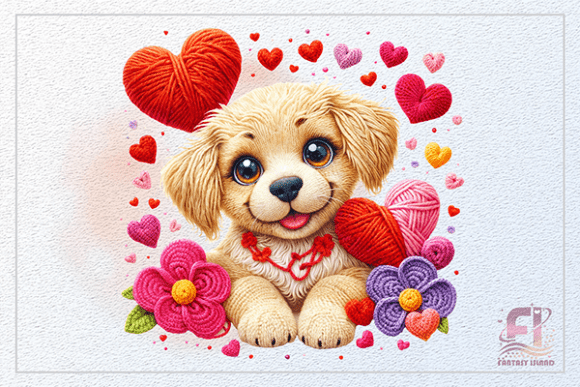 The Cozy Charm of a Crochet Valentine Dog with Hearts PNG